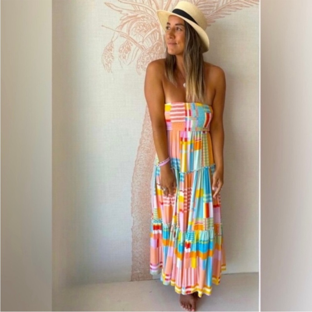 Abel the Label Anthropologie Retro Strapless Dress Tiered Patchwork Maxi Size M